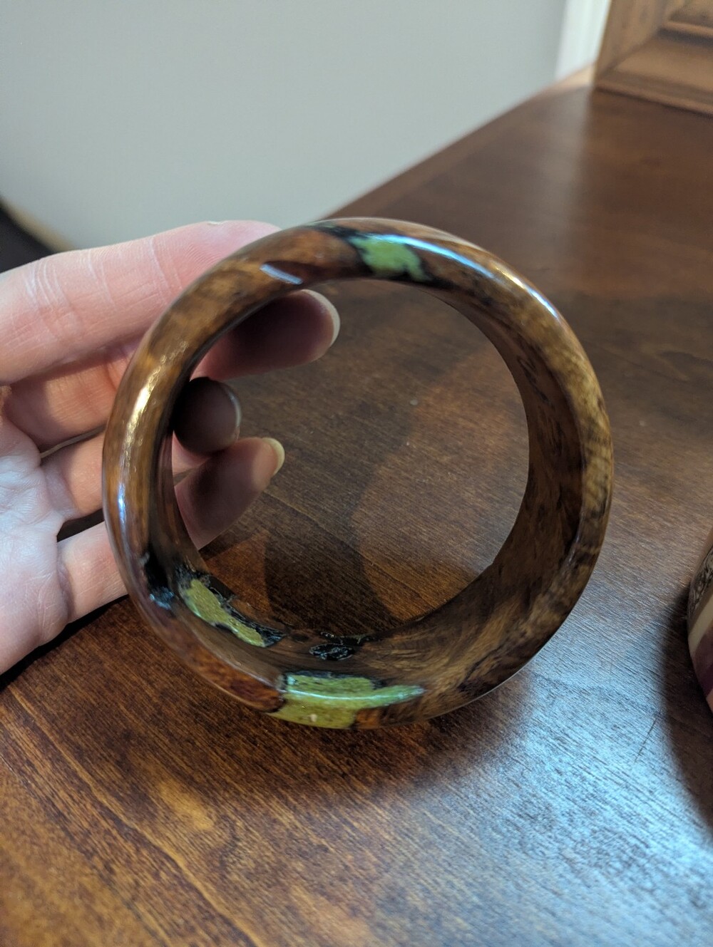 Wooden Bangle Bracelet with Green Inlay - Picture 3 of 4